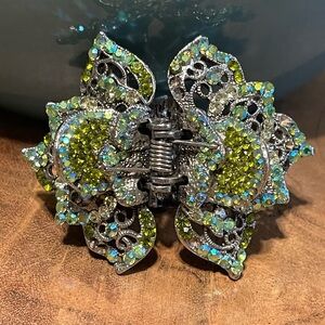 Elegant Silver and Green Floral Hair Clip Vintage Style